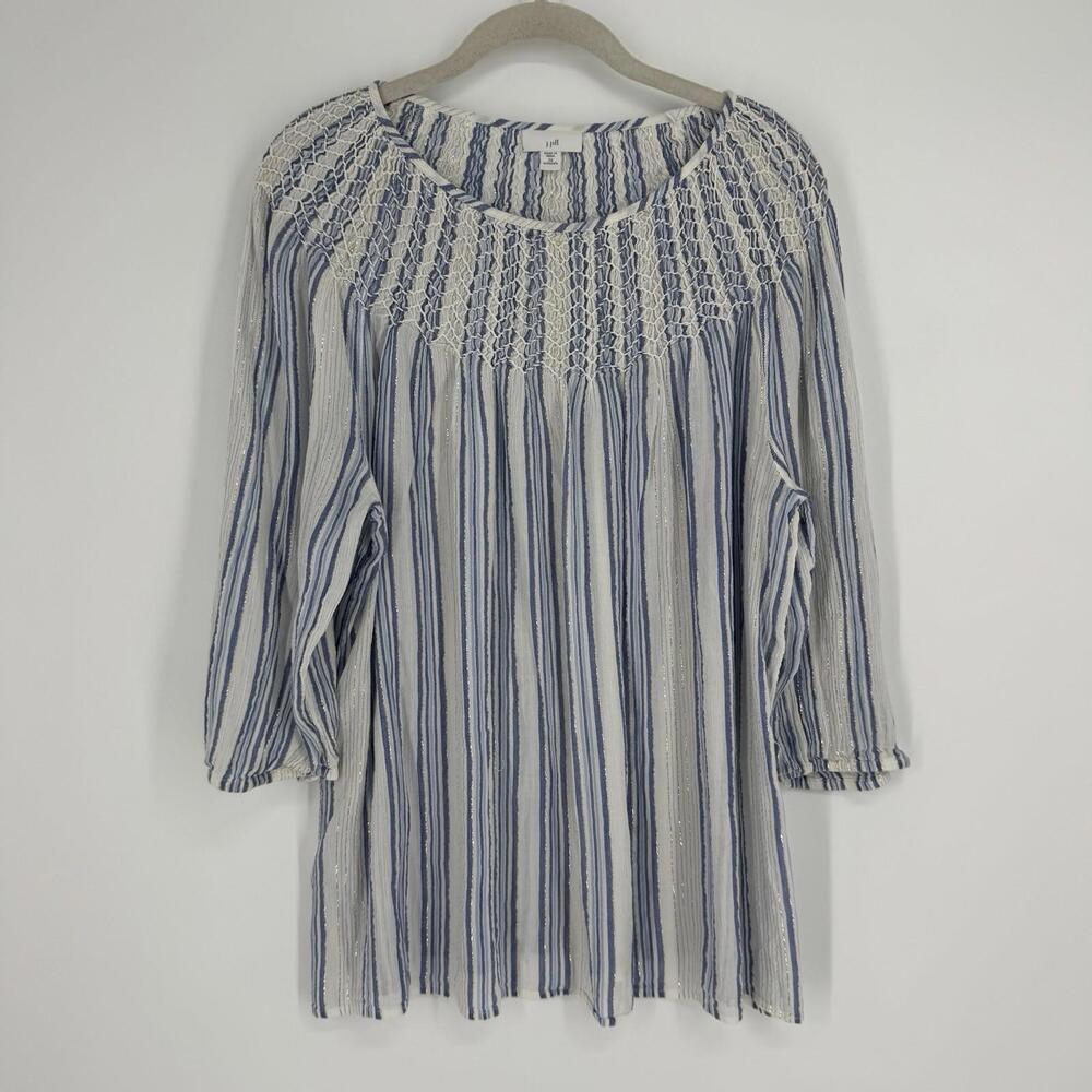 J.jill shirt top 2x blue white gold metallic stripe plus size business casual